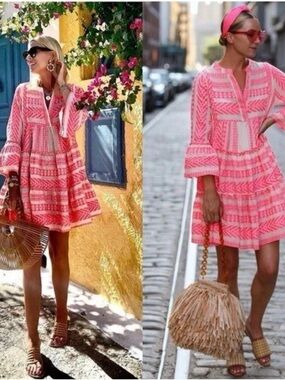 Devotion Twins Anthropologie Ella Pink Embroidered Boho Tunic Summer Dress XS P